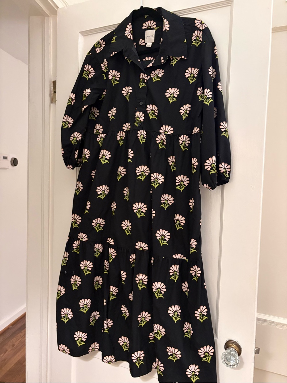 Maeve Black Floral Button-Front Midi Dress with Pink Flowers